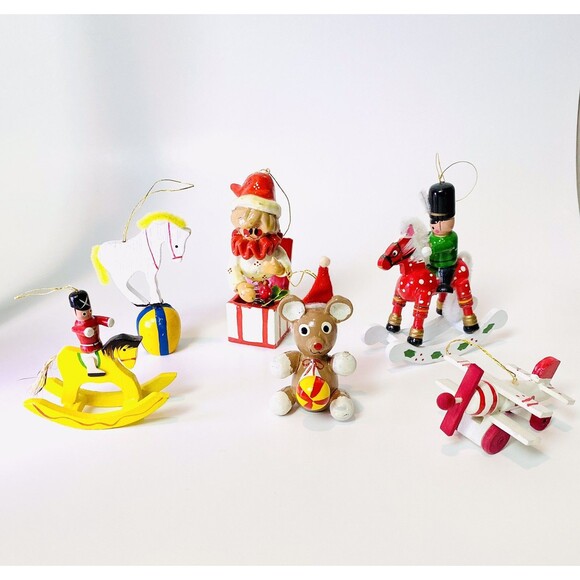6 Vintage Wood Christmas Ornaments Painted Circus Horse Bear Nutcrackers Clown - Picture 1 of 14